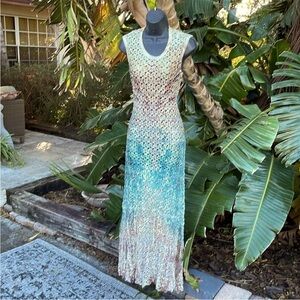 reba, crochet and beaded sheer ombré maxi dress
